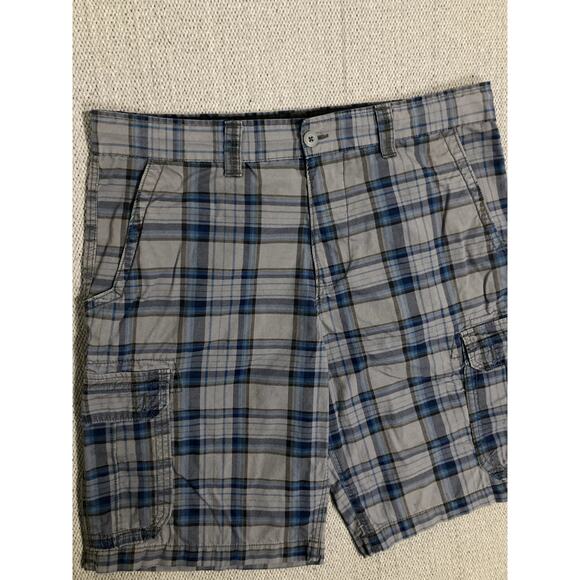 OP Ocean Pacific Board Shorts Mens 40 Gray/Blue Plaid Cargo Beach Casual - Picture 4 of 14